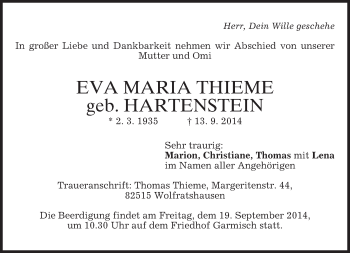 Traueranzeige von Eva Maria Thieme von merkurtz