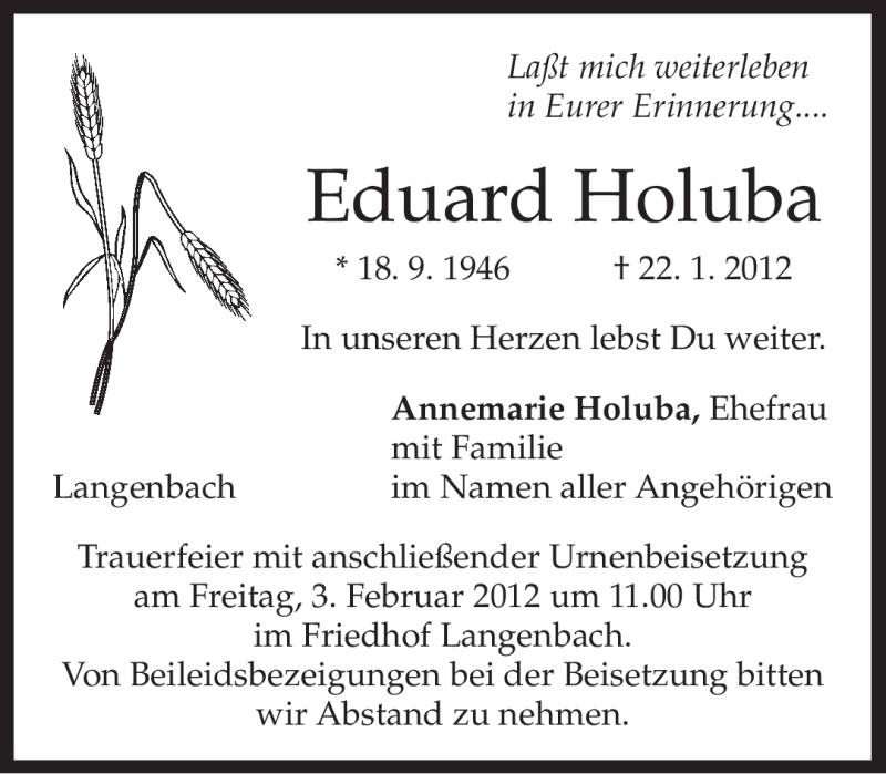  Traueranzeige für Eduard Holuba vom 01.02.2012 aus MERKUR & TZ