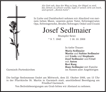 Traueranzeige von Josef Sedlmaier von MERKUR & TZ