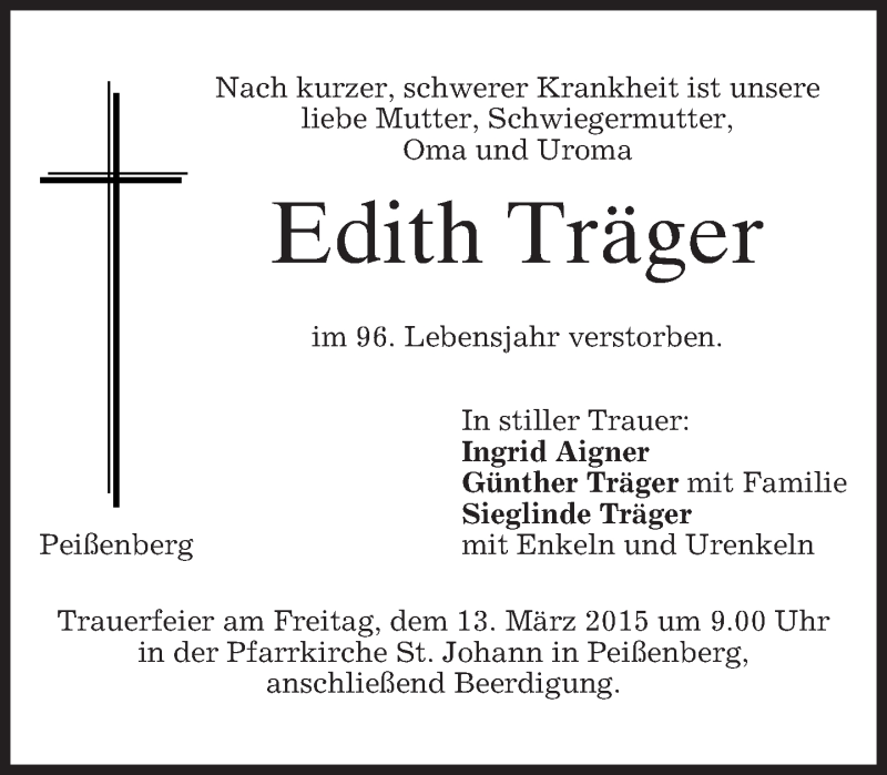  Traueranzeige für Edith Träger vom 11.03.2015 aus merkurtz