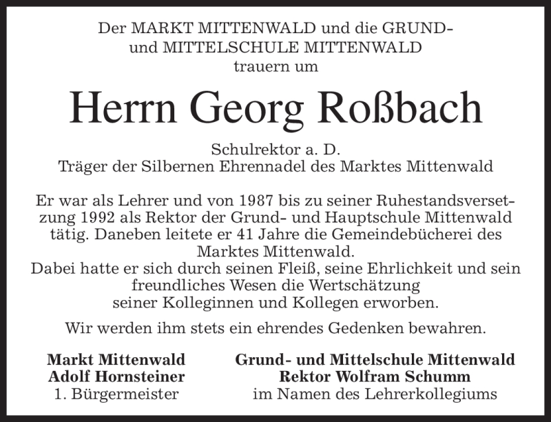 Traueranzeige für Georg Roßbach vom 09.05.2012 aus MERKUR & TZ