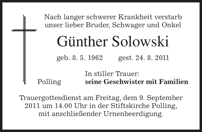  Traueranzeige für Günther Solowski vom 07.09.2011 aus MERKUR & TZ