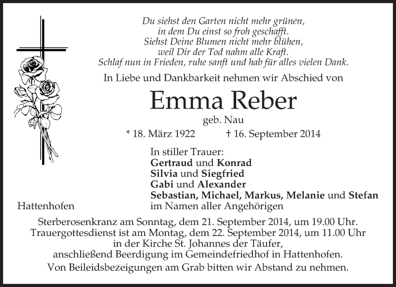  Traueranzeige für Emma Reber vom 19.09.2014 aus merkurtz