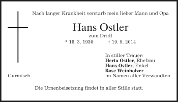 Traueranzeige von Hans Ostler von merkurtz