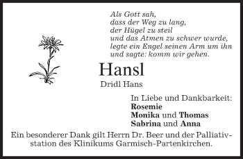 Traueranzeige von Dridl Hans Hansl  von merkurtz