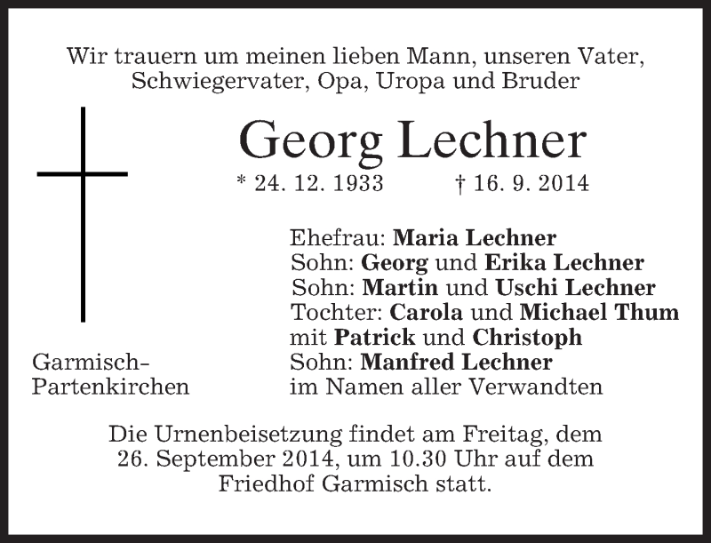  Traueranzeige für Georg Lechner vom 24.09.2014 aus merkurtz