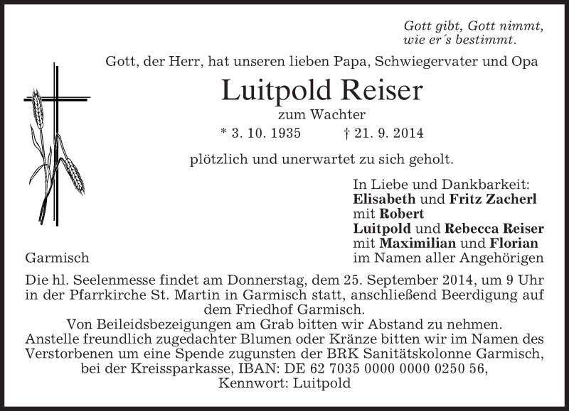  Traueranzeige für Luitpold Reiser vom 24.09.2014 aus merkurtz