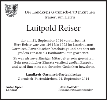 Traueranzeige von Luitpold Reiser von merkurtz