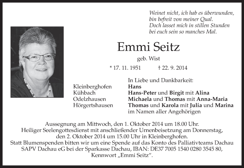  Traueranzeige für Emmi Seitz vom 27.09.2014 aus merkurtz