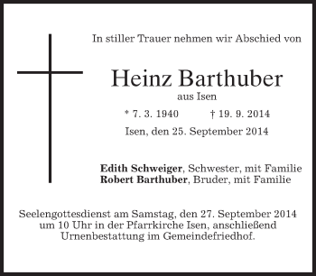 Traueranzeige von Heinz Barthuber von merkurtz