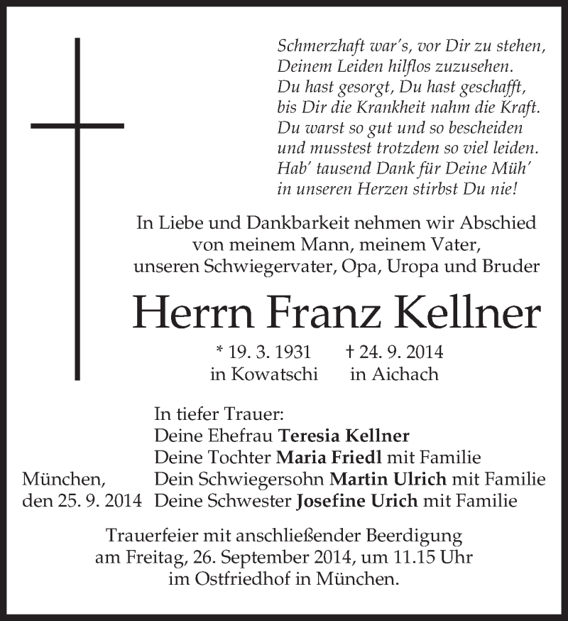 Traueranzeigen Von Franz Kellner | Trauer.merkur.de