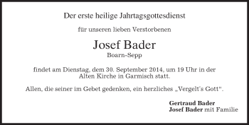 Traueranzeige von Josef Bader von merkurtz