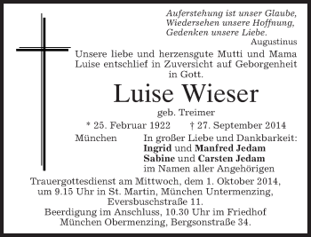 Traueranzeige von Luise Wieser von merkurtz