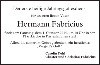 Traueranzeige von Hermann Fabricius von merkurtz