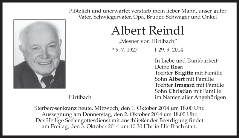  Traueranzeige für Albert Reindl vom 01.10.2014 aus merkurtz