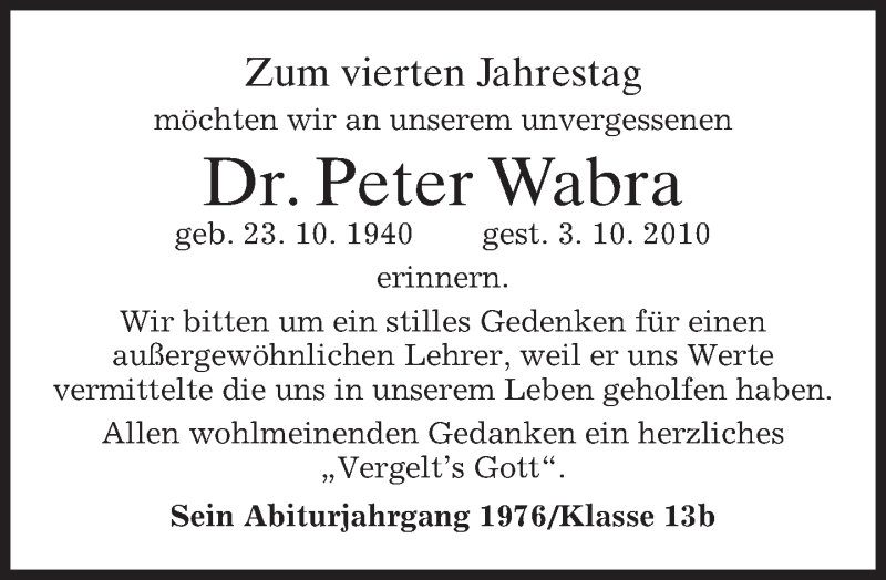  Traueranzeige für Peter Wabra vom 02.10.2014 aus merkurtz