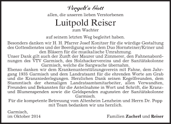 Traueranzeige von Luitpold Reiser von merkurtz