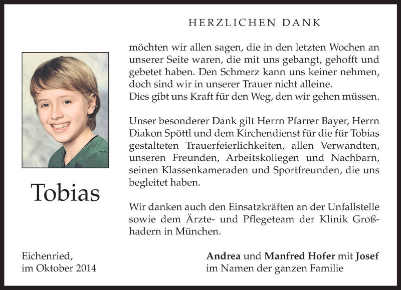  Traueranzeige für Tobias Hofer vom 04.10.2014 aus merkurtz