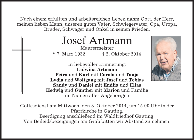  Traueranzeige für Josef Artmann vom 06.10.2014 aus merkurtz