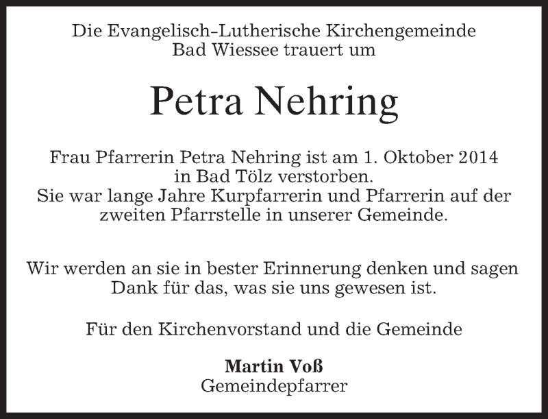  Traueranzeige für Petra Nehring vom 07.10.2014 aus merkurtz