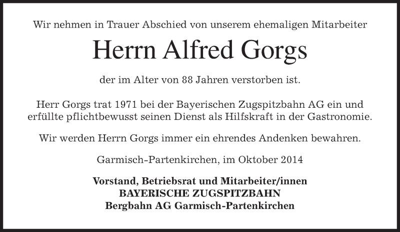  Traueranzeige für Alfred Gorgs vom 08.10.2014 aus merkurtz
