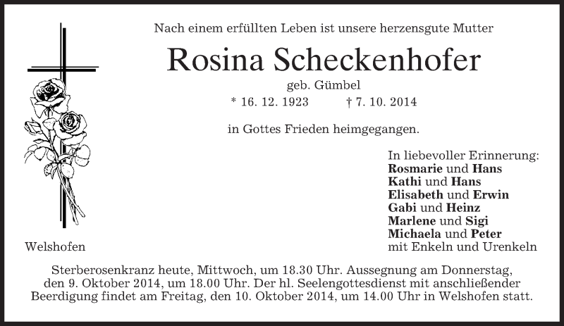  Traueranzeige für Rosina Scheckenhofer vom 08.10.2014 aus merkurtz