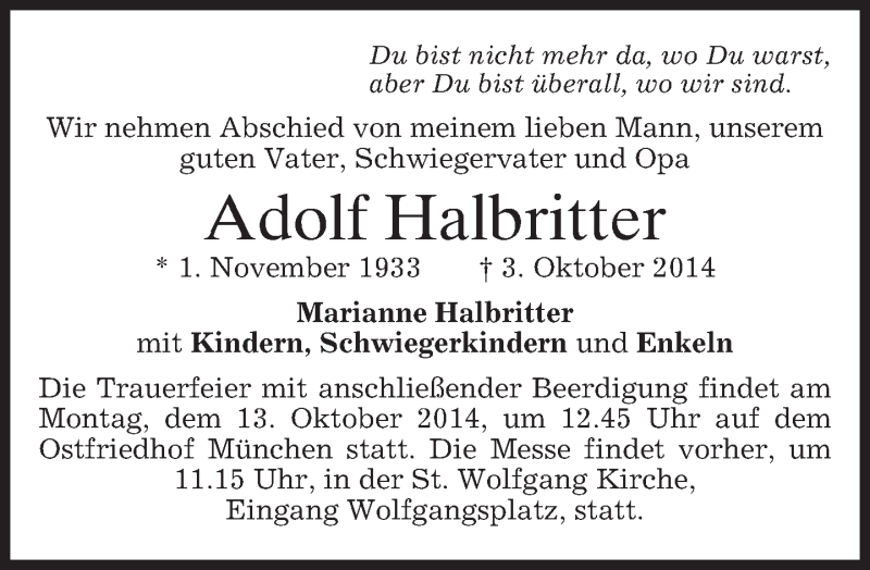  Traueranzeige für Adolf Halbritter vom 10.10.2014 aus merkurtz