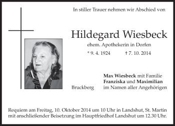 Traueranzeige von Hildegard Wiesbeck von merkurtz