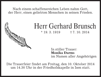 Traueranzeige von Gerhard Brunsch von merkurtz