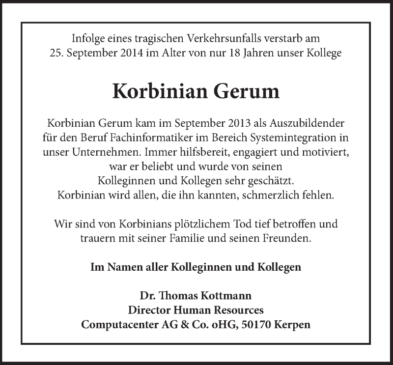  Traueranzeige für Korbinian Gerum - Spross - vom 11.10.2014 aus merkurtz