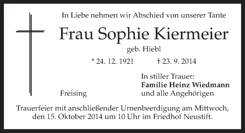  Traueranzeige für Sophie Kiermeier vom 10.10.2014 aus merkurtz