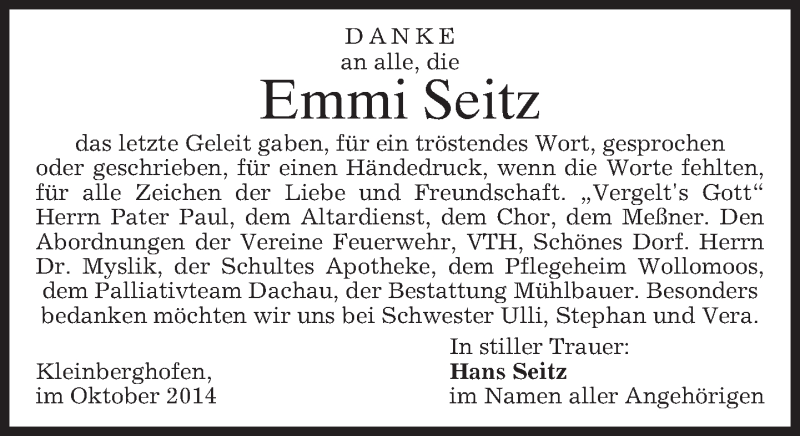  Traueranzeige für Emmi Seitz vom 11.10.2014 aus merkurtz