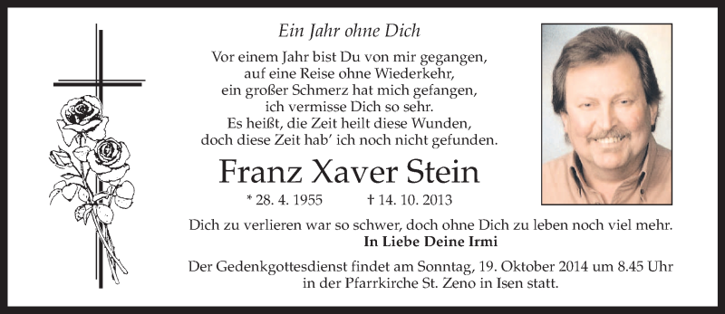  Traueranzeige für Franz Xaver Stein vom 14.10.2014 aus merkurtz