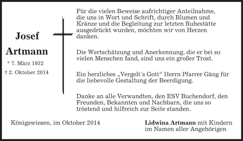  Traueranzeige für Josef Artmann vom 11.10.2014 aus merkurtz