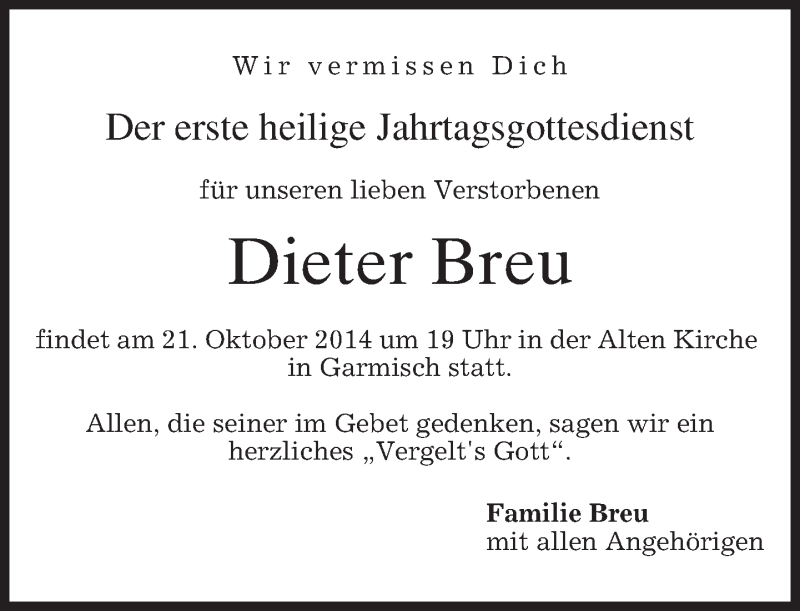 Traueranzeige für Dieter Breu vom 17.10.2014 aus merkurtz