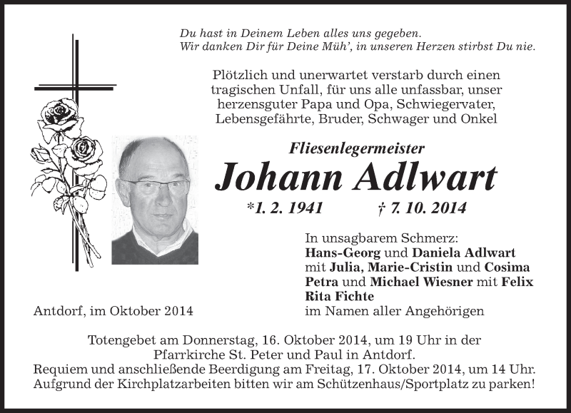  Traueranzeige für Johann Adlwart vom 14.10.2014 aus merkurtz