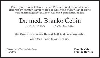 Traueranzeige von Branko Cebin von merkurtz