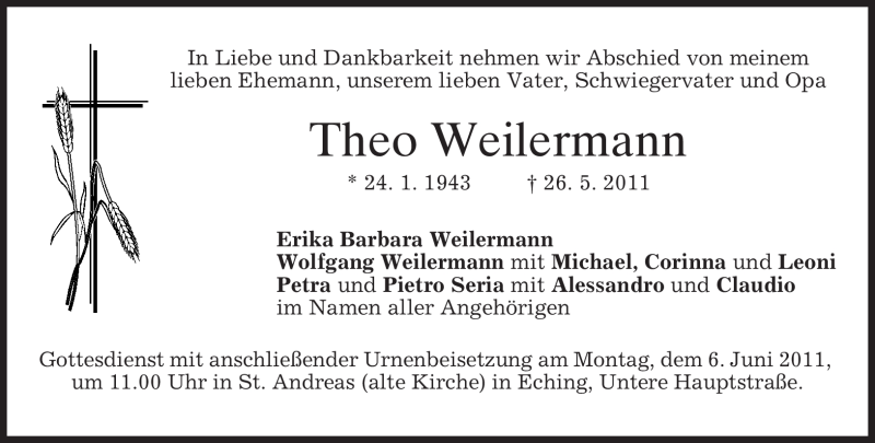  Traueranzeige für Theo Weilermann vom 01.06.2011 aus MERKUR & TZ