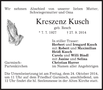 Traueranzeige von Kreszenz Kusch von merkurtz