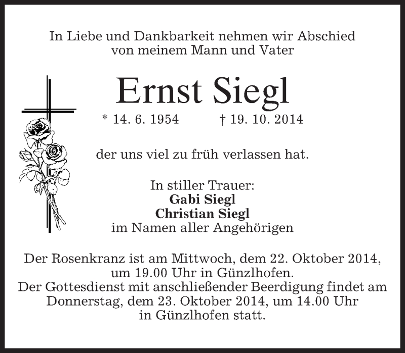  Traueranzeige für Ernst Siegl vom 21.10.2014 aus merkurtz