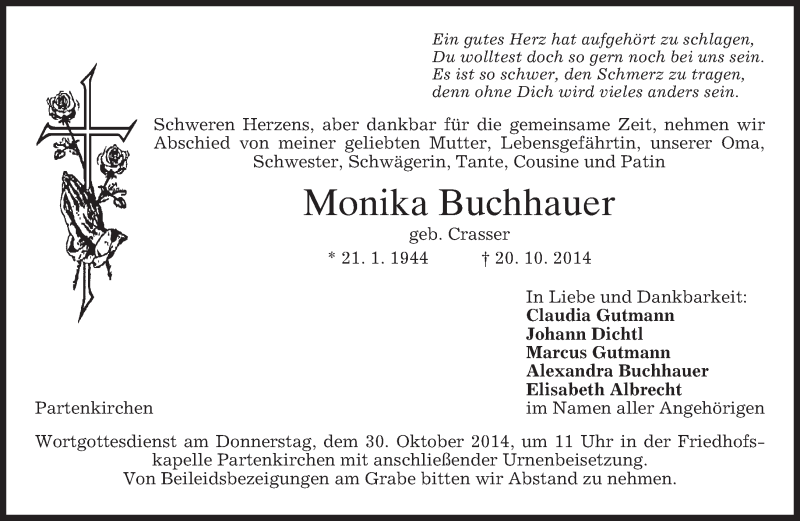  Traueranzeige für Monika Buchhauer vom 25.10.2014 aus Münchener Merkur