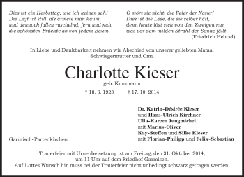 Traueranzeige von Charlotte Kieser von merkurtz
