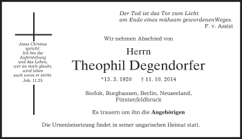 Traueranzeige von Theophil Degendorfer von merkurtz