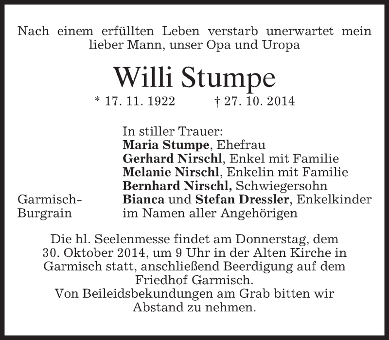  Traueranzeige für Willi Stumpe vom 28.10.2014 aus merkurtz