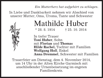 Traueranzeige von Mathilde Huber von merkurtz