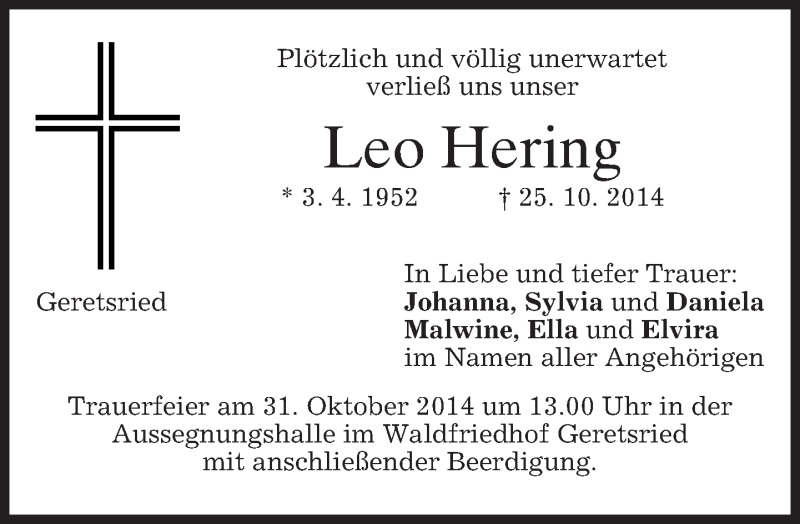  Traueranzeige für Leo Hering vom 28.10.2014 aus merkurtz