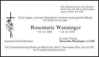 Traueranzeige von Rosemarie Wanninger von merkurtz