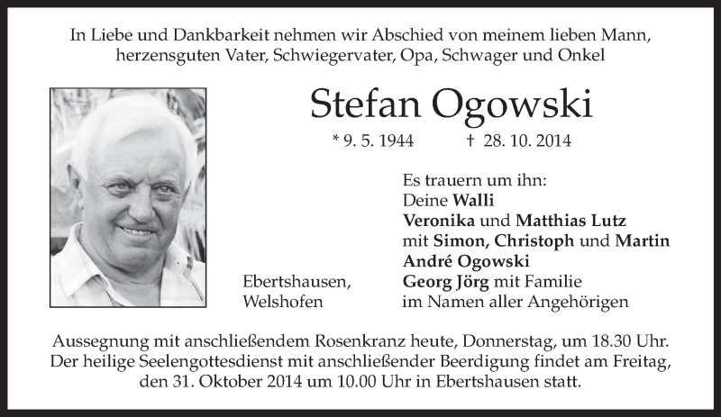  Traueranzeige für Stefan Ogowski vom 30.10.2014 aus merkurtz