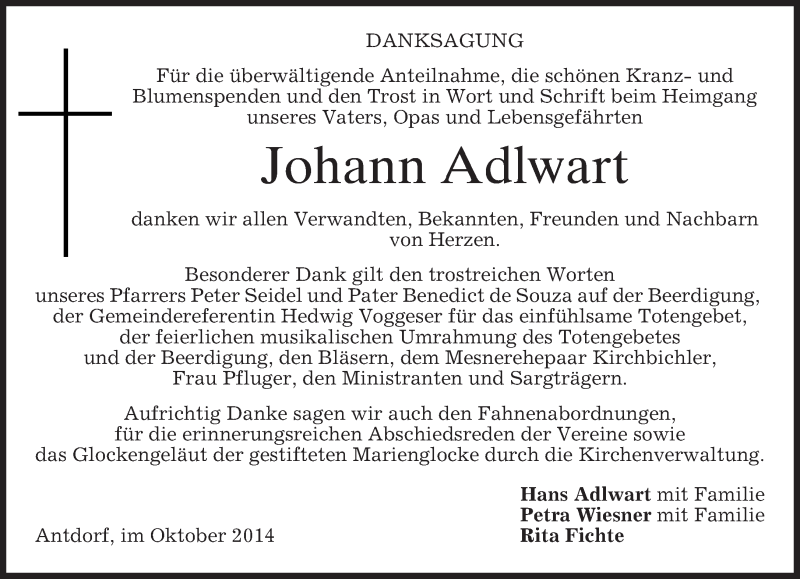  Traueranzeige für Johann Adlwart vom 31.10.2014 aus merkurtz