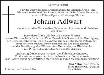 Traueranzeige von Johann Adlwart von merkurtz